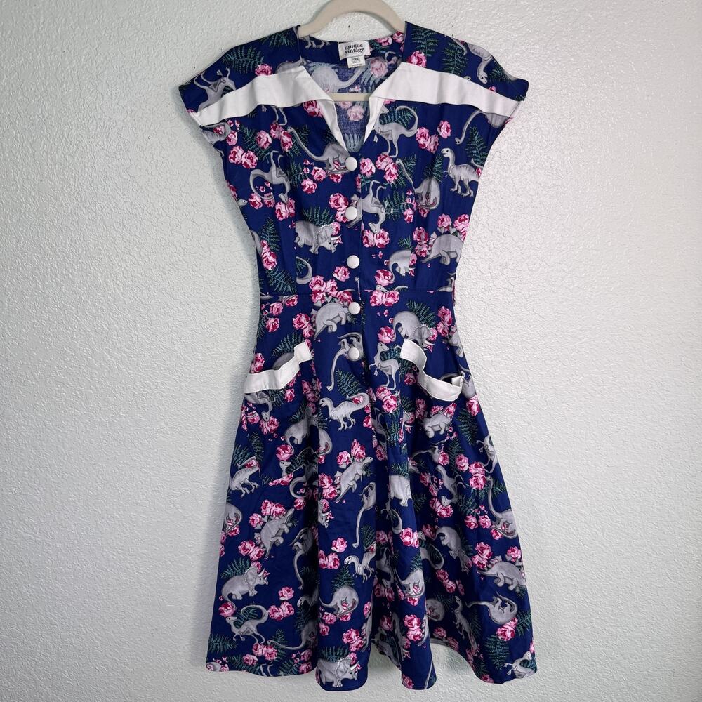 Unique Vintage Dress Women XS Dinosaur Floral Fit Flare Pockets Retro Rockabilly